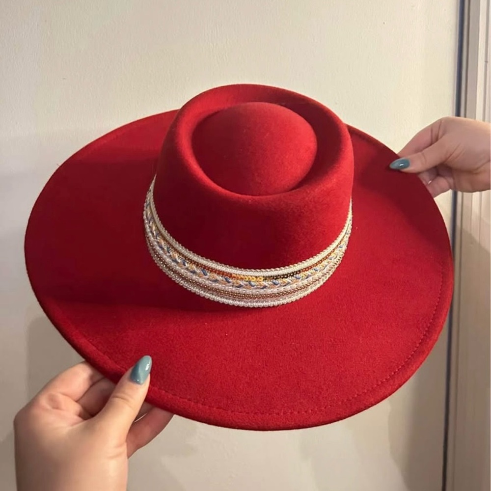 Chic Red Women's Hat with Beaded Trim
